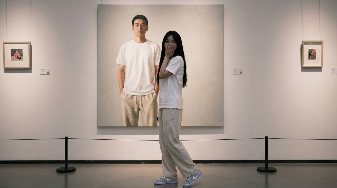 一位清冷气质的18岁东亚年轻女生她留着黑长直发型，身穿纯白色短袖上衣，下身搭配浅米色亚麻休闲裤，脚踩浅灰色耐克板鞋，她身后是一幅等身大正方形的男性写实油画，画中人物穿着同款上衣，下身搭配同款亚麻休闲裤预览效果