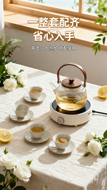 清新自然风场景，米白色桌面铺亚麻桌布，茶壶、加热底座、配套杯碟整齐摆放，周围点缀白蔷薇、柠檬片与绿植，背景为浅木色窗台与自然光，对称构图，完整展示套装搭配。画面顶部居中放置文案：主文案"一整套配齐 省预览效果