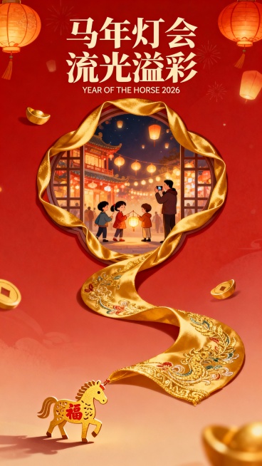 手绘插画风格。底部是一个小小的金色剪纸马，造型精致，身上有红色 “福” 字。从剪纸马呈 S 形曲线向上延伸出一条金色刺绣绸缎，丝绸汇聚成顶部的大花窗，整个花窗边缘被金色绸缎覆盖，并继续向画面上方延伸。预览效果