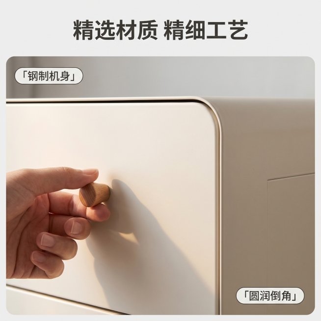 [主图 3] 奶油风钢制五斗柜材质工艺细节展示
[氛围风格] 高级质感真实呈现
[画质] 商业摄影微距特写、细节清晰锐利、质感真实
[元素] 特写展示五斗柜的原木拉手和柜身钢板边角细节，一只手轻拉拉手预览效果