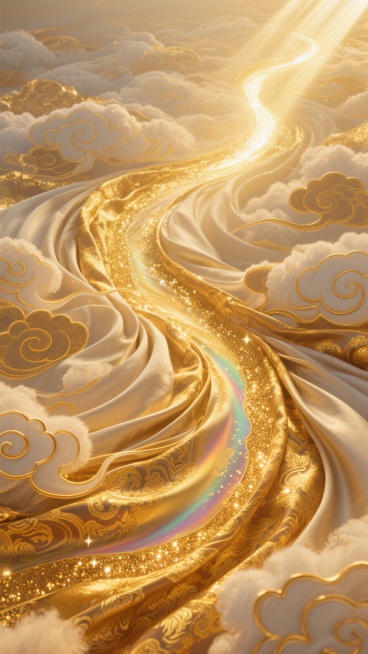 俯视构图，在无边际的流金云海中央，一条宽幅锦缎如金色河流般蜿蜒流淌，从浅香槟金渐变为深琥珀金，表面覆盖着层叠起伏的祥云暗纹，每一道云纹边缘都镶嵌着流动的光晕。光线从画面右上角以45度角倾泻而下，在绸缎表面形成一道明亮的光轨，细密的金沙微粒在光轨中闪烁如星，部分祥云形态的金色褶皱处透出柔和的虹彩光晕，整体构图呈现螺旋上升的动态张力，营造出既庄重威严又流动变幻的皇家庆典氛围。预览效果