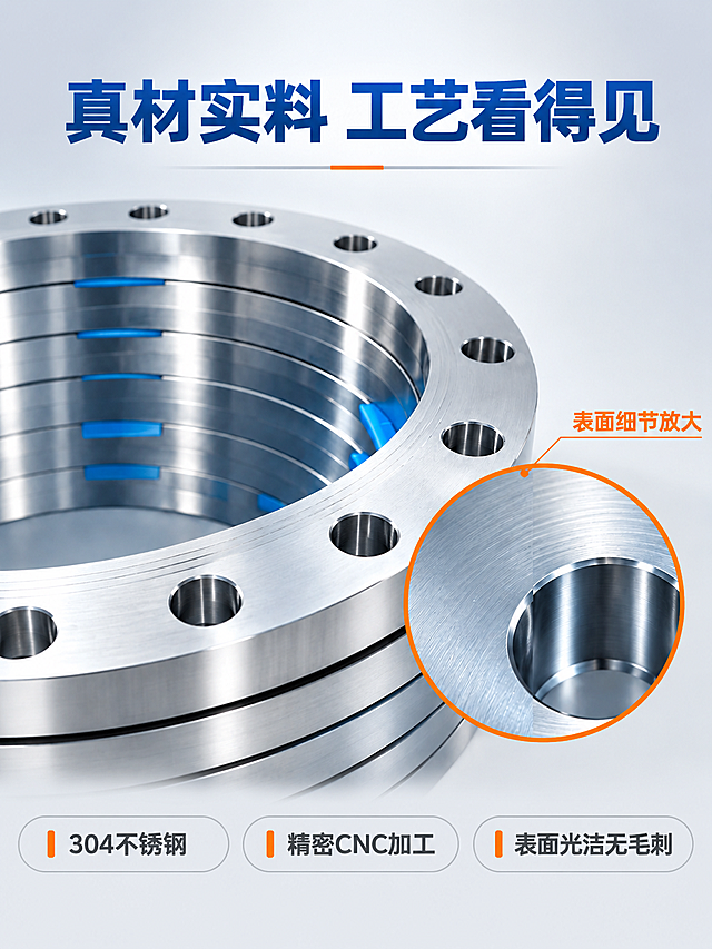 [主图-3] 材质工艺细节图，任务是将原图1:1的材质细节图重新构图为3:4竖版，保持产品外观、放大框和三个材质标签，优化竖版视觉层次。
[统一基调] 专业工业风，浅灰渐变背景，主标题深蓝色，辅助文字深灰色，强调色橙色，字体为无衬线粗体，字号层级分明。
[画面] 3:4竖版构图。画面顶部为主标题区域。画面中部为法兰盘局部放大特写，聚焦法兰盘的端面、螺栓孔和金属表面细节，主体占画面约50%。右下角有一个圆形放大框，放大展示金属表面的细腻拉丝纹理和孔位内壁的光洁度。画面底部为三个材质工艺标签区域，竖版空间充足。
[光影质感] 微距工业摄影质感，主光侧打，突出金属表面的细腻纹理和端面的平整度，孔位内壁反光清晰，边缘无毛刺，体现高精度机加工水准。
[配色] 背景浅灰渐变，产品银灰色金属本色，放大框边框橙色，标签文字深灰色，主标题深蓝色。
[文字版式] 顶部主标题「真材实料 工艺看得见」深蓝色粗体居中。放大框旁标注「表面细节放大」橙色小字。底部横排3个圆角标签，每个标签左侧有橙色竖线装饰：「304不锈钢」「精密CNC加工」「表面光洁无毛刺」，标签浅灰底深灰字。竖版布局上下层次分明，产品细节展示充分，底部标签区域留白充足。
[输出要求] 3:4竖版比例，1536x2048px，材质细节清晰锐利，文字清晰，无变形错字，无水印无平台logo，无杂乱元素，保持原图产品和标签内容一致。