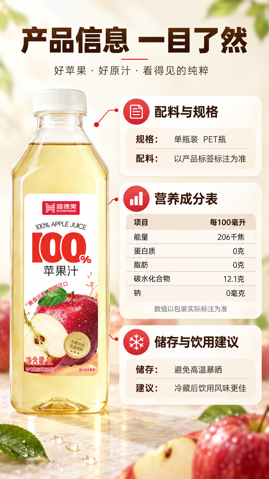 [商品] 使用【图1】农夫山泉100%苹果汁PET透明瓶装；保… - 图片创意预览