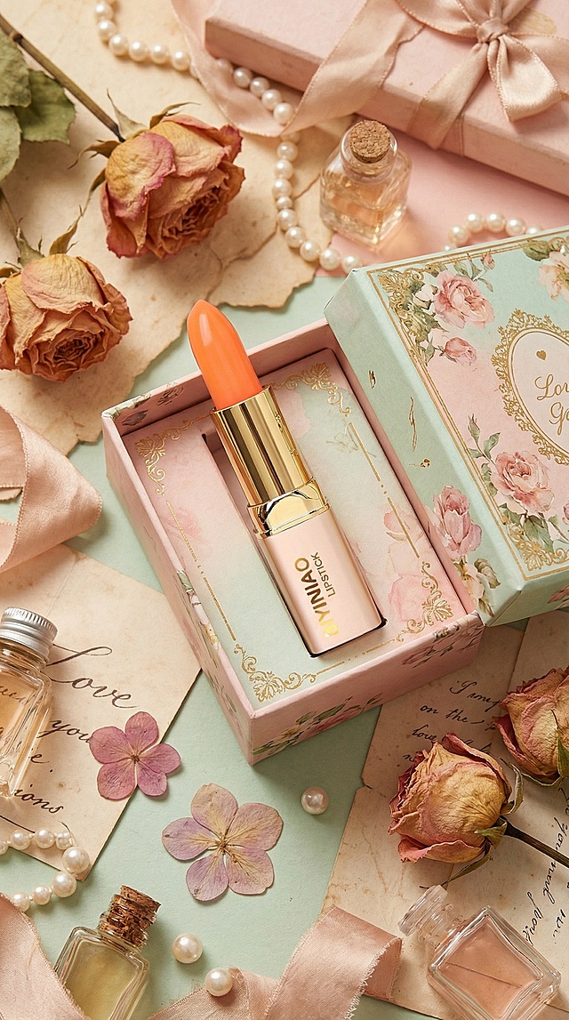 浪漫复古的商业摄影风格，画面采用粉绿撞色的柔和复古色调，以俯视中景视角、散落式的温馨陈列构图呈现，视觉重心聚焦于纸质礼盒内的主体（主体占比25%）。