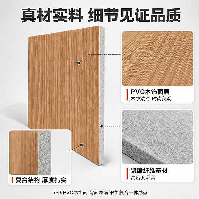 [主图-3] 材质细节及多角度展示图，展示聚酯纤维吸音板复合PVC木饰面的材质结构、正反面和侧面厚度细节。
[统一基调] 抖音建材风格，专业干净稳定，明亮自然光，浅灰白渐变背景，主色原木暖棕+深灰，标题字白色加粗，辅助字深灰，强调色橙红，字体为无衬线粗体，字号层级分明，卡片圆角轻阴影。
[画面] 画面采用多图组合布局。左侧大图为产品斜45度立体展示，可见正面木纹和侧面厚度层次，占画面约45%。右侧上下排列两个细节放大框：上方是正面PVC木饰面纹理特写，标注"PVC木饰面层 木纹清晰 时尚美观"；下方是背面灰色聚酯纤维基材特写，标注"聚酯纤维基材 高密度吸音"。左下角一个侧面厚度特写小框，展示板材截面层次，标注"复合结构 厚度扎实"。每个细节框有细线引出指向左侧大图对应位置。
[光影质感] 商业摄影质感，特写部分纹理极度清晰，PVC表面有真实木纹凹凸感，纤维基材呈现细密纤维质感，截面层次分明无毛刺。
[配色] 背景浅灰白，产品原木暖棕+灰色基材，细节框白底圆角，标注线深灰，标注文字深灰粗体。
[文字版式] 顶部居中大标题："真材实料 细节见证品质"，深灰粗体大字。三个细节框各配一行标注文字，简洁明了。底部小字补充："正面PVC木饰面 背面聚酯纤维 复合一体成型"。
[输出要求] 1:1正方形，2K分辨率，材质纹理清晰可见，多角度展示不重复，结构层次分明，无变形错字，无水印无平台Logo。