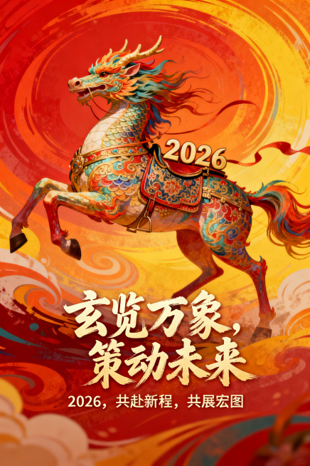 一幅色彩斑斓、装饰华丽的龙马，融合瑞兽特征，马鞍上驮着“2026”数字，鬃毛和尾巴随风飘扬，活力优雅。背景是红橙黄为主的漩涡状图案，动感十足，营造新年梦幻奇幻氛围。画面配有醒目的优雅书法字体标题“玄览预览效果