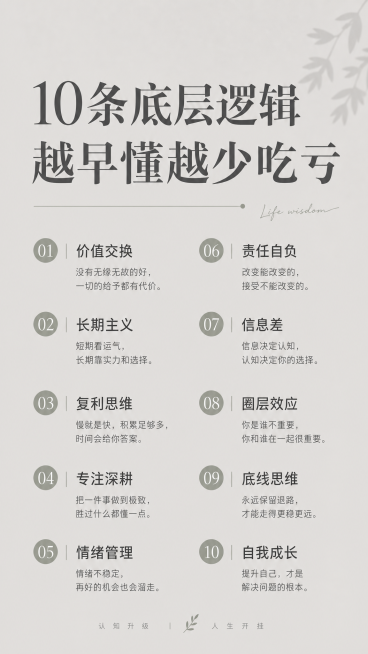 小红书人生感悟笔记头图，简约高级ins风，浅莫兰迪灰色背景，上方大字标题「10条底层逻辑 越早懂越少吃亏」，下方分两列排列10条要点精简文字，排版清晰干净，适合手机竖屏展示预览效果