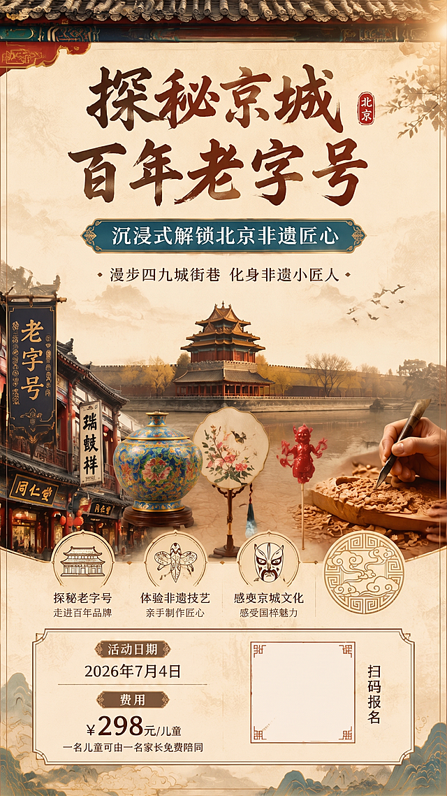保留海报的整体内容、设计风格和所有其他元素，仅删除图中文字“品尝传统美食，地道老北京味”以及该板块对应的美食icon，保持该区域和整体画面风格统一协调