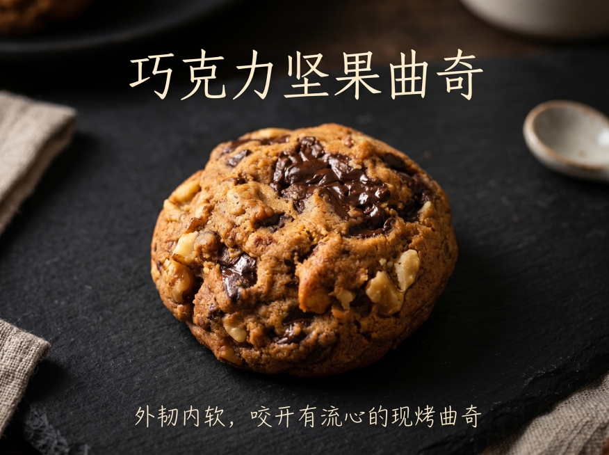 严格还原图片中美式巧克力核桃大曲奇，保留曲奇的焦糖色外观、表面巧克力块与核桃碎分布、裂纹纹理等所有细节。整体采用极简留白美式烘焙风，深色背景搭配聚光灯光影，突出曲奇的焦糖色泽与蓬松质感，画面温暖有食欲预览效果