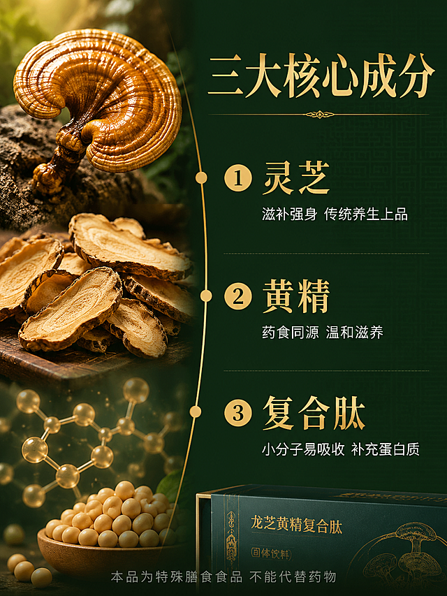 [第2张] 详情页成分页-龙芝黄精复合肽核心原料解析。
[氛围/风格] 中式轻奢原料展示风，自然草本质感，高端养生成分感，商业摄影质感。
[元素布局] 画面采用左右分栏布局。左侧约40%为原料展示区：上方是一朵饱满的金色灵芝特写，纹理清晰有光泽，占左侧画面40%；中间是黄精药材切片，黄褐色切面纹理细腻，占30%；下方是小分子肽分子结构示意图+大豆原料，占30%。三种原料之间用金色细线条连接，形成成分链路。右侧约60%为文字信息区，背景为深绿色渐变底，有淡淡的中式回纹暗纹。画面底部有一小条产品礼盒侧面露出作为品牌呼应（不使用图生图，仅作装饰元素）。
[光影质感] 左上方柔和自然光照射，原料表面有自然高光和阴影，灵芝有温润的金色光泽，黄精切片有药材质感，整体通透自然。
[配色色系] 全局底色 #1A3A2A 深森林绿；主色鎏金 #D4AF37、药材黄褐色；辅助色墨绿、米白。
[视角构图] 正面平视，左原料右文字，阅读动线从左到右，从上到下。
[文字版式] 右侧文字区顶部主标题「三大核心成分」，金色宋体加粗，最大号；下方三个成分模块纵向排列，每个模块含成分名+简短说明：模块一「灵芝 滋补强身 传统养生上品」；模块二「黄精 药食同源 温和滋养」；模块三「复合肽 小分子易吸收 补充蛋白质」；成分名为金色粗体，说明为白色细体，字号约为成分名的一半。每个模块前有金色圆形序号图标。底部有一行小字提示「本品为特殊膳食食品 不能代替药物」，浅灰色细体。
[比例分辨率] 3:4 竖版比例，4K 分辨率，文字清晰可辨，高清画质。
[负向提示词] 变形，水印，文字错乱，文字过小，产品图模糊，背景杂乱，医疗功效宣传，绝对化用语，电商平台Logo。
