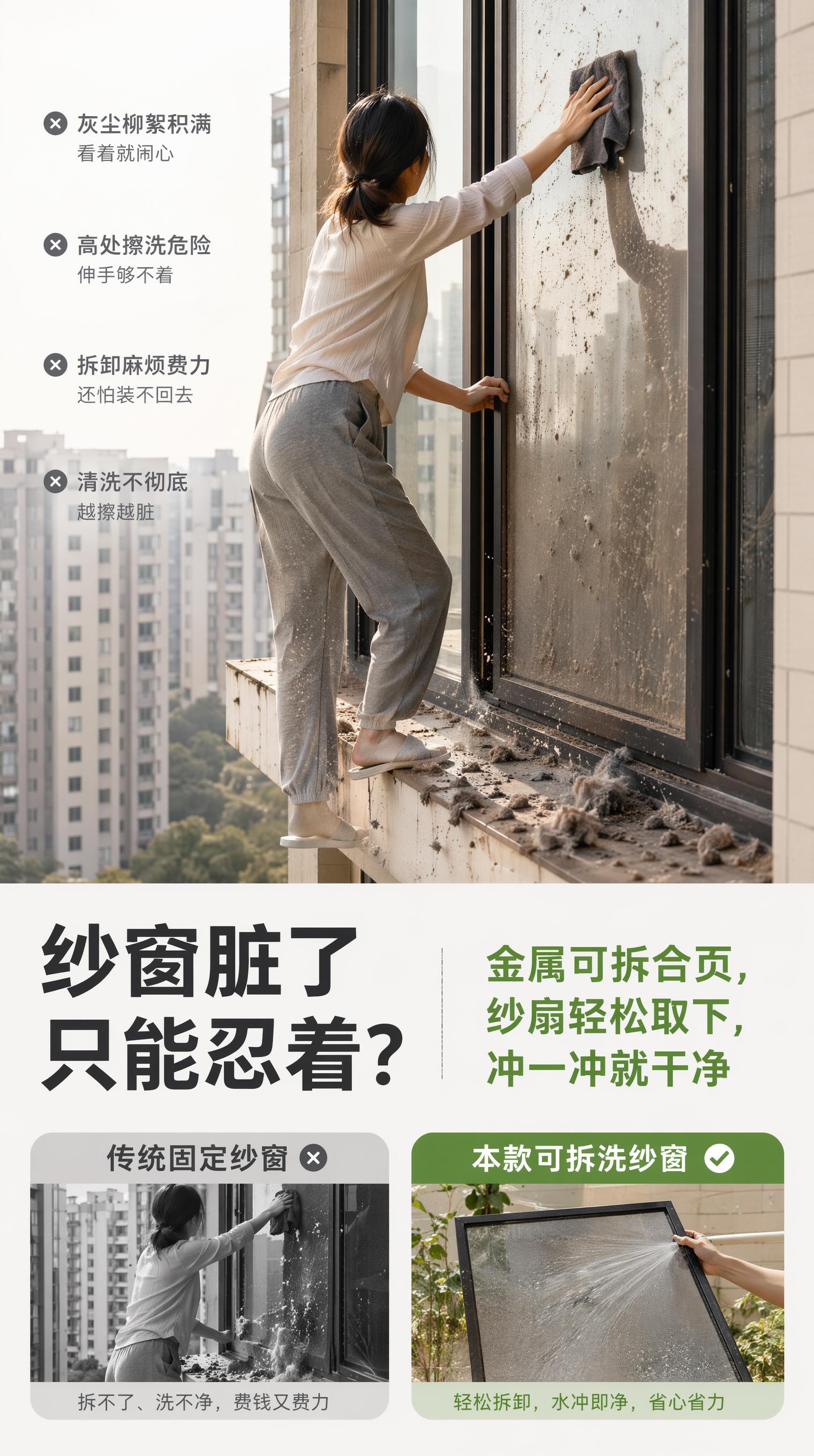 [痛点共鸣页] 纱窗清洁烦恼痛点展示，对比突出本款可拆洗优势，… - 图片创意预览