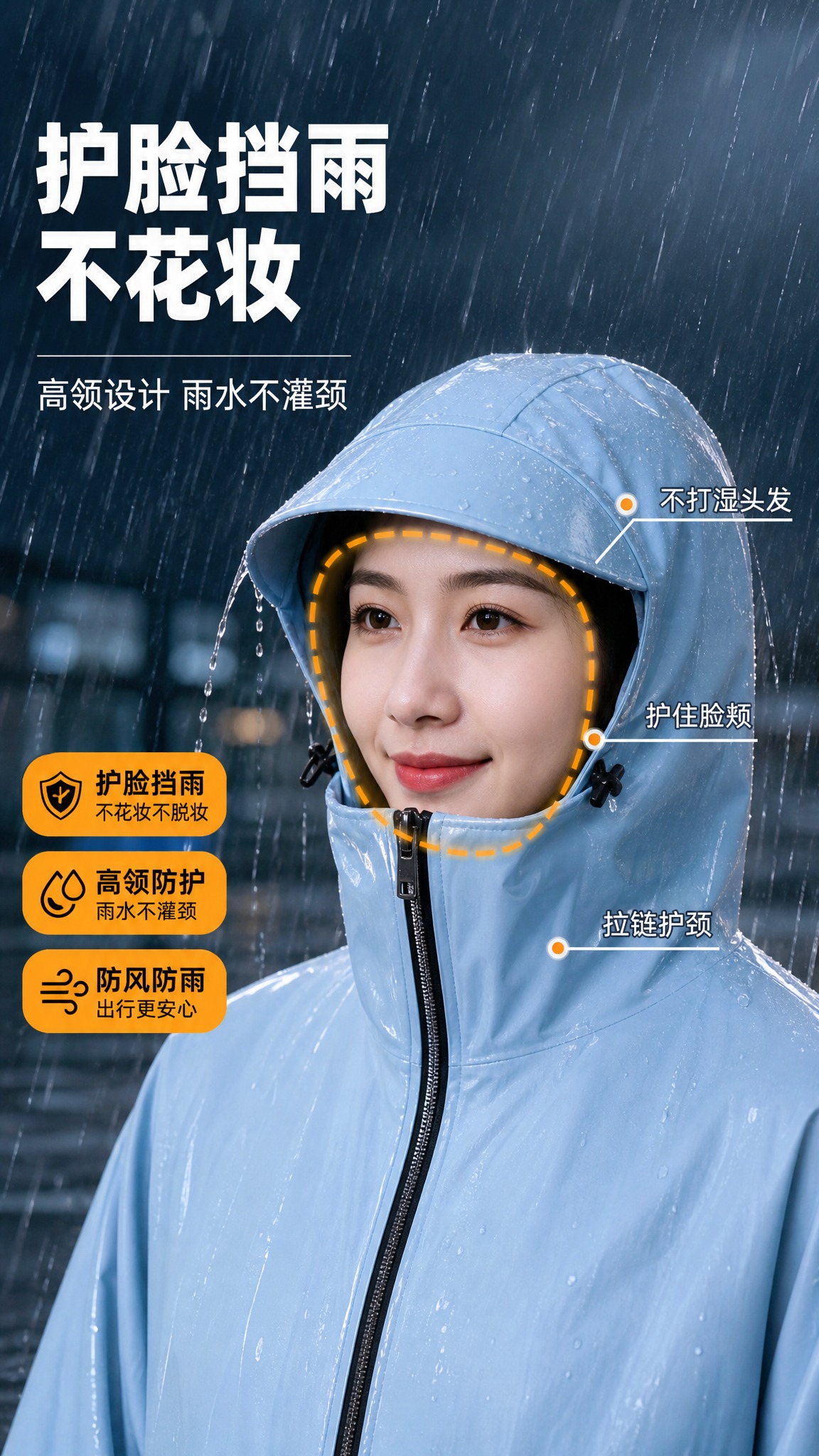[商品] 使用【图1】浅蓝色电动车带袖雨衣脸部区域；保留高领拉… - 图片创意预览