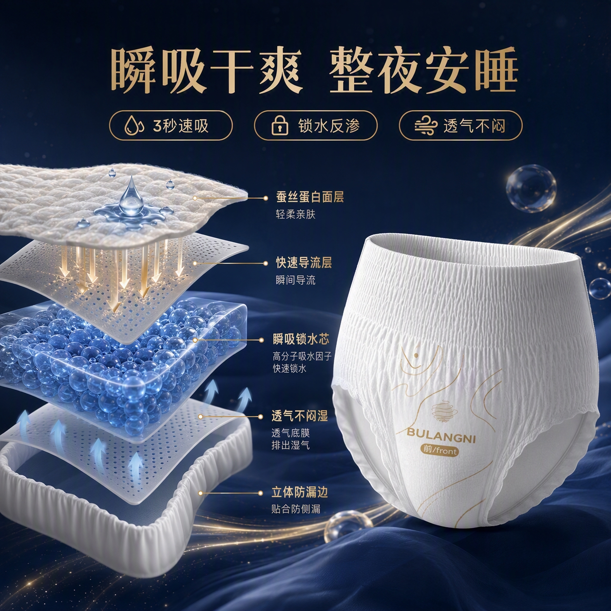 [主图-2] 核心功能机理图，展示安睡裤瞬吸干爽与透气防漏的核… - 图片创意预览
