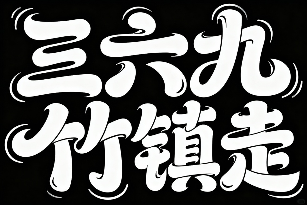 文字内容:三六九竹镇走
字体风格:童趣风格字体
字体描述:大胆艺术的中文字体设计，扭曲且重叠的字符，动态不规则的字形流动，创意的笔画扭曲和融合，现代抽象风格，粗细线条交替，既具可读性又富有艺术感，字体预览效果
