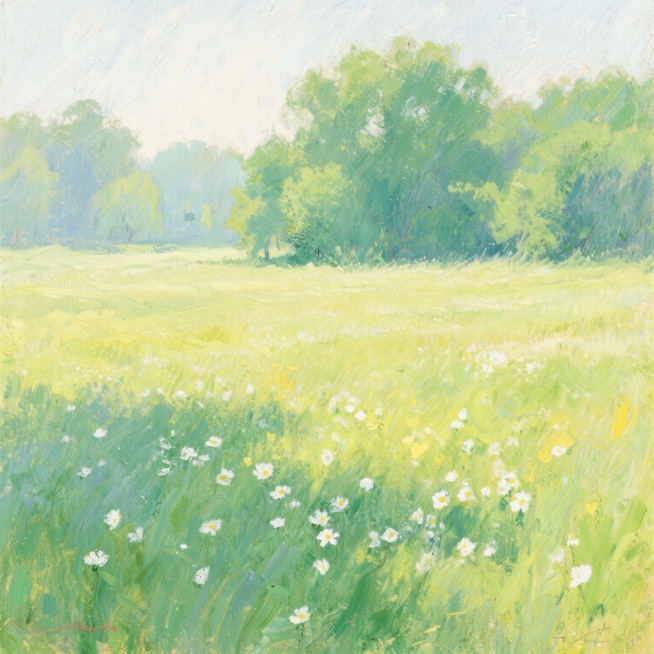 印象派风格的夏日草原景观，笔触松散明快，色彩以翠绿、嫩黄、白色为主，光影斑驳，远处是朦胧的绿色树丛，近处是点缀着白色小花的草地，整体氛围清新自然，充满生机。预览效果