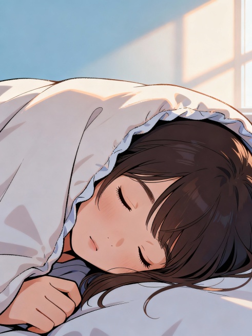 生成一张一个女孩子正在睡觉的照片，整个画面干净、温馨，盖着被子，漫画风格预览效果