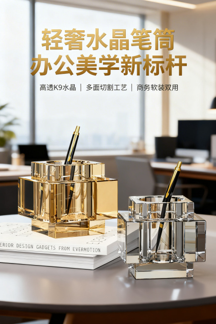2:3竖版电商详情首屏，严格还原上传的水晶笔筒产品图，产品为几何方块造型、多面切割K9水晶材质，1:1还原产品尺寸比例；产品上方放置大号烫金无衬线字体主标题"轻奢水晶笔筒 办公美学新标杆"，主标题下方预览效果