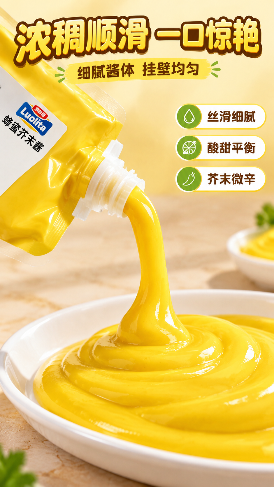 [商品] 使用【图1】罗丽塔蜂蜜芥末酱1kg吸嘴自立袋包装；保… - 图片创意预览