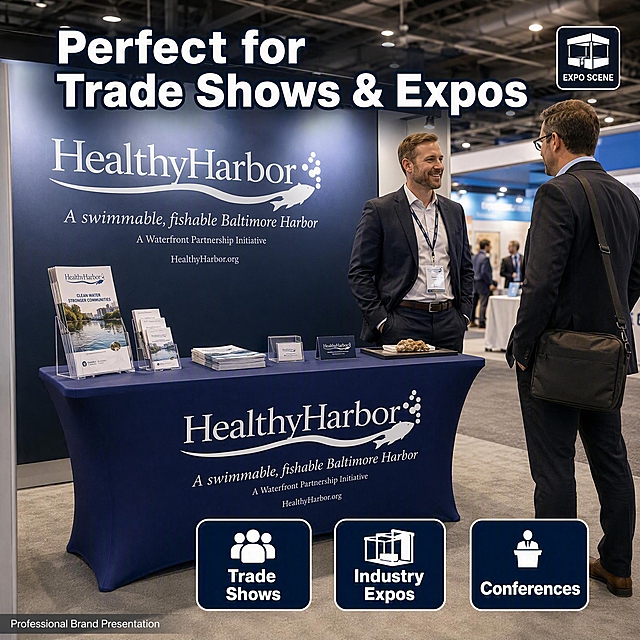 [主图-3] Trade show & expo scene, professional brand display.
[氛围风格] 专业商务展会场景，高端大气；
[画质] 商业摄影质感、光线明亮通透、产品清晰真实、画面干净高级。
[元素] 现代化贸易展会展厅内，一个标准展位中摆放着覆盖深蓝色弹力桌布的长方形展示桌，桌布正面印有清晰的企业Logo和标语，平整贴合无褶皱。桌面上整齐摆放着产品宣传册brochures、名片盒business card holder、小型展示样品。展位背景是简洁的企业背景墙，上方有射灯照明。展位前有两位穿着商务正装的欧美男性观众正在驻足观看、交流。远处可见其他展位的轮廓与走动的人群，营造展会热闹专业的氛围。画面右上角有简洁的场景标签图标。**保持桌布外观（即物理结构、弹力材质质感、颜色、桌脚套入设计）与输入产品图一致，杜绝任何变形和色差，精细化处理；场景图允许光影随当前场景调整以融入环境**。
[光影] 展会顶部射灯为主光源，光线明亮均匀，桌布表面有射灯的柔和反光；整体光感通透、专业展厅质感。
[配色] 主色深蓝色（桌布）；辅色白色、浅灰（展厅环境）；强调色金色（灯光点缀）。
[视角构图] 平视略偏侧，展位与桌布为视觉中心；中景构图，景深中等，背景适度虚化突出主体。
[文字版式] 顶部大标题"Perfect for Trade Shows & Expos"，白色粗体无衬线字加轻微深色描边，居中偏上。底部三个圆角图标横排：「Trade Shows」「Industry Expos」「Conferences」，深蓝底白字，现代无衬线字体。左下角小字"Professional Brand Presentation"白色加半透明底条。所有文字为英文，清晰可读。
[输出要求] 1:1比例，文字清晰锐利，画面超高清商业摄影质感。
[负向提示词] 变形，文字错乱，产品图模糊，背景杂乱，水印，电商平台Logo，中文，东亚面孔，亚洲面孔，韩系妆容，多余的手，畸形手，人物面部扭曲。