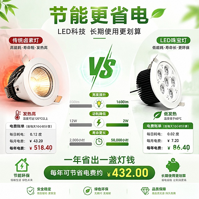 [第13屏] 节能省电-嵌入式珠宝灯LED节能与传统灯具对比。本屏使用【图1】作为LED灯具代表。
[氛围/风格] 数据可视化风格，浅色系环保节能主题，1688批发利益点展示，清新专业。
[元素布局] 画面左右对比布局：左侧为「传统卤素灯」- 老式射灯形象，配高额电费账单、发热示意；右侧为「LED珠宝灯」- 使用【图1】产品外观，配低额电费、节能标识；中间有VS对比标识和数据对比柱形图（亮度对比、功耗对比、寿命对比三组数据）；底部有一年省电金额示意；背景为浅绿白渐变，体现环保节能主题。
[光影质感] 右侧LED灯具明亮通透，光线柔和节能；左侧传统灯具有发热红光感；整体光线明亮，数据图表清晰。
[配色色系] 全局底色 #F0FFF4 浅绿白；主色绿色节能+白色产品；辅助色红色传统灯、深灰数据文字、绿色对勾。
[视角构图] 左右对比布局，中间数据图表串联，阅读动线从左传统到右LED。
[文字版式] 顶部主标题「节能更省电」，副标题「LED科技 长期使用更划算」；中间三组对比数据：「亮度提升」「功耗降低」「寿命更长」；底部有结论「一年省出一盏灯钱」；文字清晰数据醒目。
[比例分辨率] 1:1 方图比例，4K分辨率，文字清晰可辨，高清画质。
[负向提示词] 产品变形，数据混乱，水印，文字过小，对比不明显，颜色偏差。