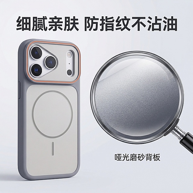 [垫图] https://gdesign-dam-hz.dancf.com/35974063376552025/92cdbf5ca59a441db0c9509e6f896d6e.jpg
[主图主题] 亲肤防指纹细节特写
[氛围/风格] 极致质感微距特写，商务干净
[画面元素] 放大镜特效放大手机壳背部哑光材质区域，展示细腻亲肤纹理，背景虚化突出细节，同时保留完整产品轮廓在画面左侧，细节图框位于画面右侧，光影突出磨砂质感，背景为浅灰纯色
[配色色系] 主色调：浅灰，辅助色：深灰阴影，白色文字
[视角构图] 左产品右细节的二分构图，景深前实后虚
[文字版式] 主标题 "细腻亲肤 防指纹不沾油"，文字悬浮于画面顶部留白处，字体无衬线粗体深灰色，细节图框下方标注 "哑光磨砂背板"，大小对比层次清晰，不遮挡产品主体
[比例分辨率] 2k分辨率