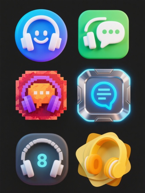 六个风格各异、排列整齐的客服主题图标，每个图标均以不同外观、色彩和元素呈现：第一个为蓝色渐变3D卡通风格，圆形对话框造型搭配白色耳机与微笑表情；第二个采用扁平极简设计，绿色方形背景中白色耳机与对话气泡简洁并列；第三个为手绘水彩质感，紫色耳机与橙色对话框融合自然晕染效果；第四个是像素复古风格，红色8位像素耳机与对话框组合；第五个金属科技风，银色耳机搭配蓝色发光对话框；第六个剪纸艺术风格，黄色耳机……预览效果