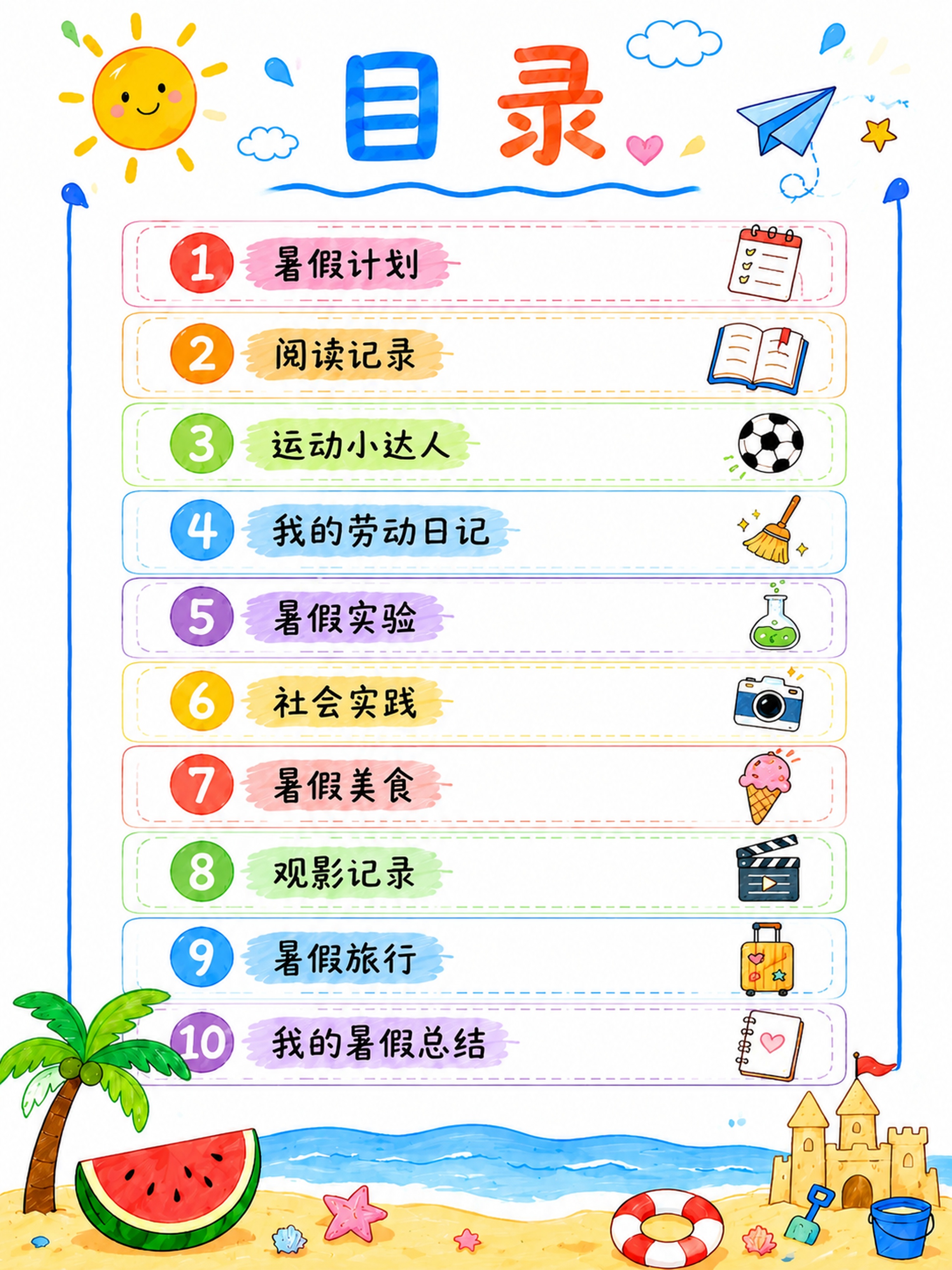 马克笔手绘风格，大标题为"目录"，竖向排列1-10所有目录条目… - 图片创意预览
