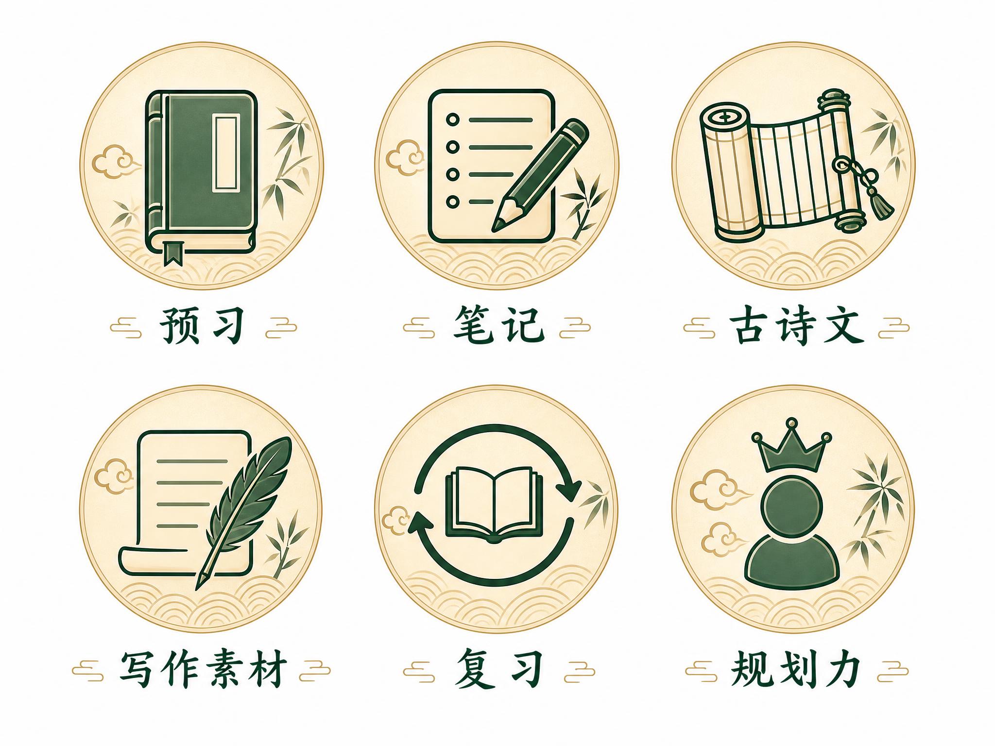 6个国潮新中式风格的圆形图标，排列成2行3列，每个图标是米金色… - 图片创意预览