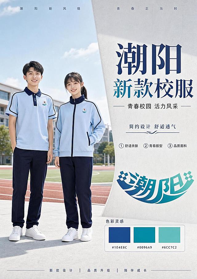 重新设计一张大气高级感的汕头市潮阳区校服宣传海报，比例21:29.7，更换构图和背景风格。左侧完整展示一男一女中国高中生模特分别穿着夏款短袖和春秋款校服套装，模特形象青春阳光，符合中国高中生气质；右下角独立展示校徽（校徽为图二潮阳渐变设计）区域，并标注校徽渐变色配色卡。整体风格简约大气，采用干净简约的浅灰色校园操场背景，光影自然高级，分区排版清晰，主体突出，文字醒目。主标题“潮阳新款校服”，副标题“青春校园 活力风采”，装饰文案“简约设计 舒适透气”，卖点标注：①舒适亲肤 ②青春版型 ③品质面料。产品严格保持原图中校服的浅蓝+藏青配色、款式结构和logo位置不变，设计仅更新背景和版式。