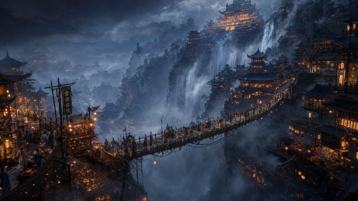 上古东方悬空仙城秘境，雾雨朦胧的崖壁仙都，史诗级中式美学场景，极繁主义细节，极致空间深邃纵深感，兼具恢弘仙气与市井烟火气，高角度斜向纵深构图，以悬空长桥与瀑布为引导线，强化从近景市井到远景仙宫主城的多预览效果