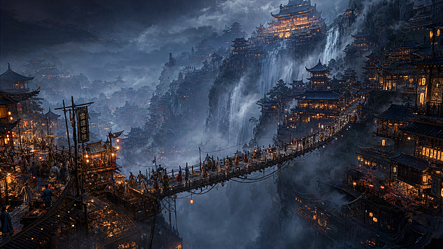上古东方悬空仙城秘境，雾雨朦胧的崖壁仙都，史诗级中式美学场景，极繁主义细节，极致空间深邃纵深感，兼具恢弘仙气与市井烟火气，高角度斜向纵深构图，以悬空长桥与瀑布为引导线，强化从近景市井到远景仙宫主城的多层级空间延伸感，打造“崖壁仙城”的深邃透视效果，画面右侧依山势层叠而上的仙宫主城，飞檐翘角的中式楼阁依山而建，灯火通明的窗棂与宫灯点缀其间，主殿高耸于山顶，暖黄光晕从殿中透出，建筑与山体融为一体，崖壁上瀑布飞流直下，水雾氤氲，悬空长桥连接主城与左侧的市井街区，桥上往来的古装人群衣袂翩跹，桥下是深不见底的云雾深渊；左侧的市井街区灯火通明，摊位林立，人群熙攘，营造出热闹的烟火气，建筑在雾雨中若隐若现，强化场景的层次感与纵深感，雾雨朦胧的冷调夜空，云层低垂，远方的仙城轮廓在薄雾中渐次模糊，瀑布的水雾与云雾交织，通过建筑的高低错落、雾雨的虚实层次、光线的明暗渐变，极致放大场景的深邃感与空间张力，仙宫的飞檐斗拱、雕花窗棂、青瓦纹理、宫灯的光晕、市井摊位的木质结构，细节可放大赏析，瀑布的水流与水雾、雾雨的朦胧效果、人群的服饰褶皱与动态、建筑的灯火倒影，微观层次饱满，采用“近暖远冷、近实远虚”的光影逻辑，近景市井灯火暖黄明亮，中景仙宫与桥的灯火在雾雨中朦胧柔和，远景夜空与瀑布泛着冷调柔光，通过明暗对比与虚实渐变强化深邃感，整体光影层次丰富，氛围感拉满，建筑的木质与石材质地、瀑布的水流与水雾、雾雨的朦胧湿润感，8K超写实渲染，极致细节质感，中式仙侠美学，国风史诗，极繁主义构图，秩序井然的元素堆叠，通过多层级空间与光影打造极致深邃感，UE5渲染，8K超清，电影级调色，景深效果，HDR，ultra realistic, epic cinematic，没有西方建筑元素、现代科技、畸形结构、模糊纹理、杂乱色彩、过曝/死黑区域，没有人物畸形肢体，没有破坏空间纵深感的平面化构图