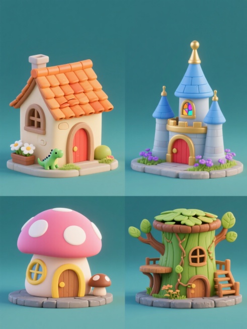 一组四个3D卡通风格建筑模型的系列集合插画，每个模型独立展示在纯色背景上且整体色彩各不相同，保持原温暖童话风格的圆润造型、柔和高光、细腻材质表现和可爱氛围，第一个是带有橙色瓦片屋顶和米色墙壁的小房子，配有拱形门窗、白色花朵盆栽和绿色小恐龙装饰；第二个是蓝色尖顶城堡，带有金色塔楼尖顶、彩色玻璃窗和红色大门，周围点缀着紫色小花丛；第三个是粉色蘑菇形状小屋，拥有白色波点伞盖、黄色圆形门窗和木质小门廊……预览效果