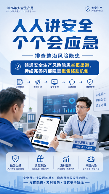2026安全生产月宣传海报，整体风格简约大气，无红色配色，主标题为“人人讲安全 个个会应急——排查整治风险隐患”，分主题是“②畅通安全生产风险隐患举报渠道，持续完善内部隐患报告奖励机制”，画面展示员工预览效果