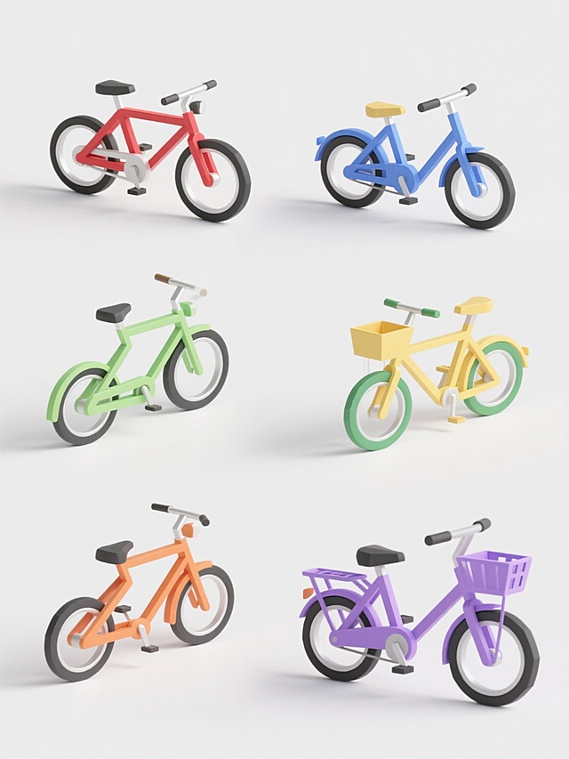 6个不同样式、不同配色的3D自行车，保持统一的低多边形3D建模风格，表面光滑有轻微反光质感，类似原图中自行车的简洁线条和几何感，白色纯色背景，所有自行车排列整齐呈一行或两行，间距均匀，每辆自行车具有独特的颜色搭配（如红色、蓝色、黄色、绿色、橙色、紫色等）和不同的设计细节（如车架形状、车轮样式、车座设计、有无车筐或行李架等），整体画面干净、现代、具有产品展示感。