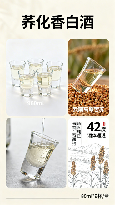 设计一款荞化香白酒的电商详情页，整体风格简约商务，突出产品特点：云南兰益酿造，42度80ml*9杯小杯白酒，以云南高原苦荞为原料，酒体通透，酒香纯正。包含产品整体展示、细节特写、产品信息介绍板块，排版预览效果