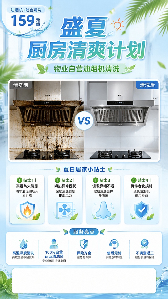 设计一张物业自营油烟机清洗服务宣传海报，整体风格清爽干净，浅色系，体现夏季清凉感。主标题文字"盛夏厨房清爽计划"，副标题文字"物业自营油烟机清洗"，左上角展示价格"油烟机+灶台清洗 159元起"。中间展示油烟机清洗前后对比图，左侧清洗前油污厚重，右侧清洗后洁净光亮。下方区域展示夏日居家小贴士：
贴士1｜高温防火隐患 陈年油垢遇明火易引燃
贴士2｜闷热异味困扰 深度清洗恢复排烟风力
贴士3｜诱发鼻咽不适 定期清洗更护呼吸道
贴士4｜机件老化损耗 延长油烟机使用寿命
服务亮点文字：高温深度清洗、100%自营认证清洗师、保险齐全、售后无忧、不满意返工。底部预留出一块空白区域用于放置二维码。整体排版分区清晰，配色浅蓝淡绿为主，搭配浅白色背景，营造干净清爽夏季氛围，文字清晰可读，版式精美，9:16竖版构图。