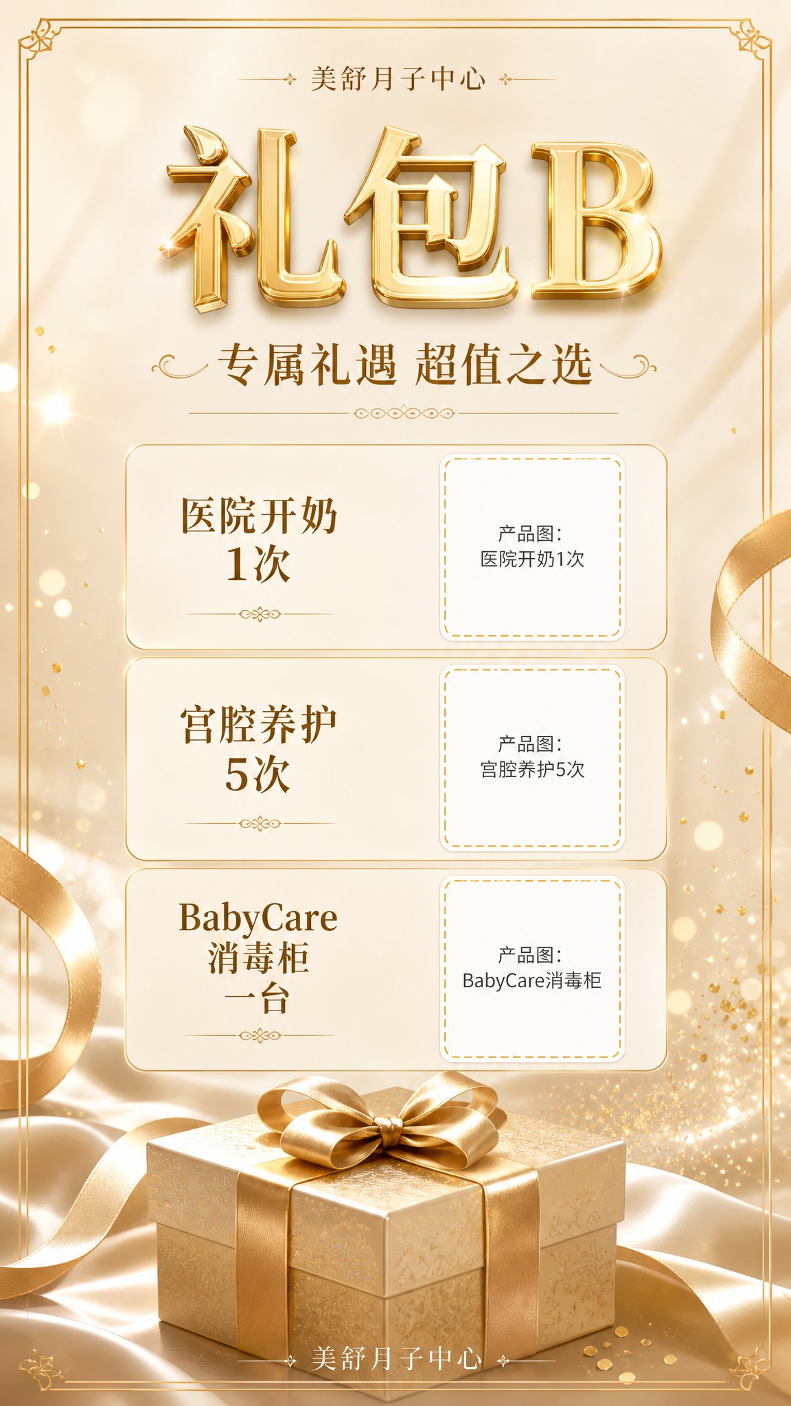 生成一张9:16竖版月子中心礼包销售海报，高端香槟金礼盒风：米… - 图片创意预览