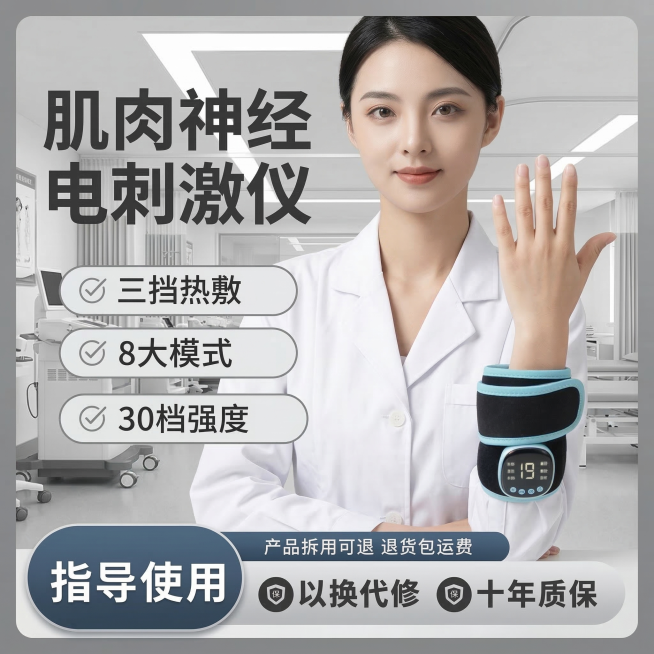 基于原图修改，保留肌肉神经电刺激仪产品不变，更换模特，背景改为医院康复科病房场景，卖点文字内容不变，调整文字颜色和框架模板，第五张风格为灰色简约风，整体高清专业预览效果