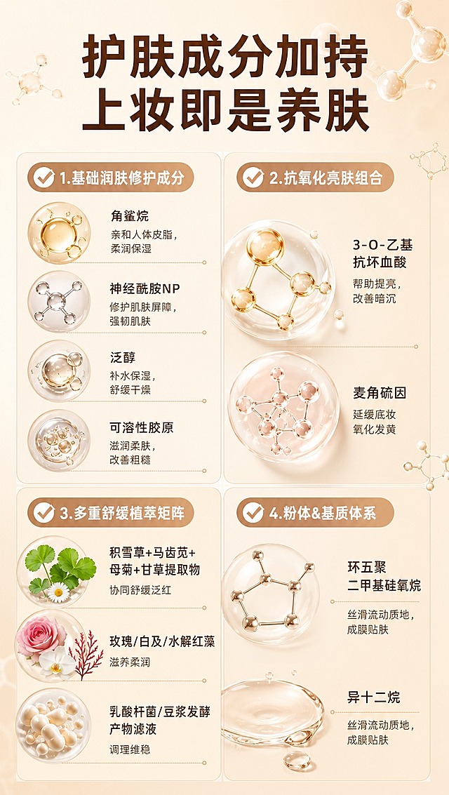 [商品] 成分解析专页，无需产品主图，以成分原料图标和分子结构元素为主画面；核心元素占画面60%以上，大尺寸呈现。
[画面] 核心成分解析页，目标展示4大成分矩阵的养肤价值；画面采用网格分区布局，顶部大标题，下方分4大板块：左上「基础润肤修护成分」、右上「抗氧化亮肤组合」、左下「多重舒缓植萃矩阵」、右下「粉体&基质体系」；每个板块配对应原料图标（角鲨烷油滴、神经酰胺分子、积雪草叶片、硅氧烷分子等），图标大且清晰；背景为裸杏色渐变，搭配细腻分子颗粒漂浮元素，营造科研护肤感。
[视觉] 套系策略：风格=高级美妆成分科研风，柔光奶油质感；标题字=现代无衬线粗体（思源黑体Heavy）；正文字=简洁无衬线体（思源黑体Regular）；主色=裸杏色/奶茶色；背景延展=裸杏色深浅渐变、同色几何块面、细腻磨砂/分子颗粒质感；强调色=玫瑰金/暖金色，仅用于小面积图标描边、引线、标签高光；标题色=深棕咖色；正文色=中暖棕色；组件=圆角成分卡片、对勾图标、细线引线、分子结构装饰；光影=柔和漫射光，均匀明亮。
[文字] 顶部大标题：护肤成分加持，上妆即是养肤；4大板块标题及内容：1.✅基础润肤修护成分：角鲨烷（亲和人体皮脂，柔润保湿）、神经酰胺NP（修护肌肤屏障，强韧肌肤）、泛醇（补水保湿，舒缓干燥）、可溶性胶原（滋润柔肤，改善粗糙）；2.✅抗氧化亮肤组合：3-O-乙基抗坏血酸（帮助提亮，改善暗沉）、麦角硫因（延缓底妆氧化发黄）；3.✅多重舒缓植萃矩阵：积雪草+马齿苋+母菊+甘草提取物（协同舒缓泛红）、玫瑰/白及/水解红藻（滋养柔润）、乳酸杆菌/豆浆发酵产物滤液（调理维稳）；4.✅粉体&基质体系：环五聚二甲基硅氧烷、异十二烷（丝滑流动质地，成膜贴肤）；文字横向排版，分块清晰，手机端可读。
[规格] 图片比例9:16竖版，4K分辨率，避免变形、错字、文字过小、医疗功效承诺、绝对化用语、冷蓝背景。