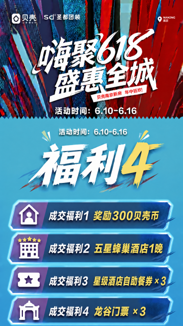 保留原图左上角“贝壳 sd°圣都团装”logo和右上角“NANJING 南京”标识，保留原图上部炫彩红紫蓝几何斜纹背景和下部青蓝色底板，完全沿用现有字体风格、图标设计和排版样式，在下部青蓝色区域更新制预览效果
