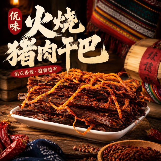 佤味火烧猪肉干巴，滇式市井香辣写实美食风，融合国潮粗手写字体 + 民族轻软装，食欲冲击力强，地域标签清晰，凸显产品主体，文字少，1:1方形构图电商主图预览效果