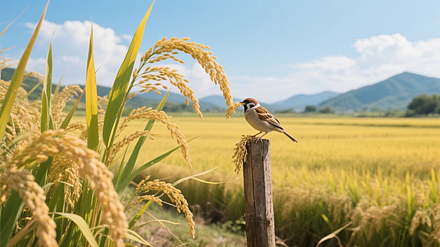 金黄饱满的成熟水稻稻穗在阳光下随风轻摆，稻秆挺拔，叶片呈现黄绿渐变，广阔的稻田延伸至远方，一只小麻雀站在木桩上吃稻子，背景是蓝天白云和连绵的青山轮廓，整体画面干净明亮，光影柔和自然，符合现实逻辑的田园风光，适合作为背景素材使用