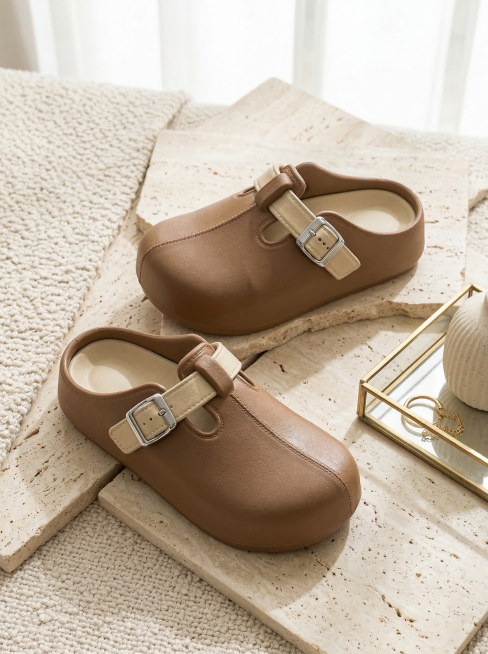 保持图中棕色带搭扣的勃肯拖鞋主体不变，更换为希音爆款商品图背景，特写镜头，拖鞋平放在地面或靠着墙面，可调整鞋子摆放姿势，整体为电商拖鞋主图风格，画面高级有质感，不要文字预览效果