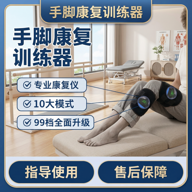 保留原图康复训练产品产品本体不变，保留所有卖点文字内容不变，更换肢体模特，更换背景为医院或康复中心场景，改变文字颜色和框架模板样式预览效果