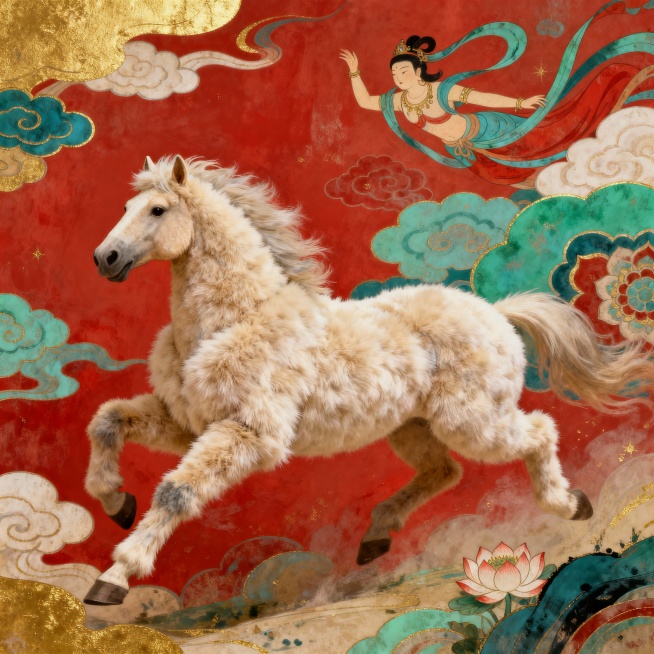 2026马年元旦主题，敦煌壁画风格，毛绒绒质感的插画，画面中可以有奔腾的骏马，马的身体覆盖着柔软蓬松的绒毛，色彩采用敦煌壁画经典的朱砂红、石青、石绿、金色等，背景融入敦煌飞天元素、祥云图案和莲花纹样，预览效果