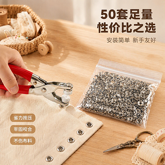 将图片中的透明塑料盒装五爪扣替换为袋装五爪扣：用一个透明自立自封袋（拉链袋）装着银色五爪扣，袋子平放在桌面上，袋内装满五爪扣，能清晰看到金属质感的扣子。同时将右上角文案"100套足量 性价比之选"修改为"50套足量 性价比之选"，下方小字"安装简单 新手友好"保持不变。其余元素（手压钳、手部、布料、背景道具、左下角三个标签等）保持完全不变，保持原有的治愈手作暖调风格、光影效果和构图，产品质感真实自然，与场景融合协调。