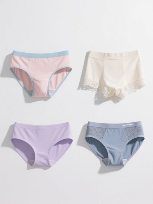 纯白色背景上，四个完全不同造型的女士内裤系列素材集合，规整排布成2x2网格。每件内裤均采用简约写实风格，具有细腻的棉质纹理质感，柔和的光影效果，高光和阴影过渡自然，展现出柔软贴身的特性。第一件是经典中腰三角内裤，浅粉色，腰边有浅蓝色装饰条；第二件是高腰平角内裤，米白色，侧边有精致的蕾丝花边细节；第三件是低腰无痕内裤，淡紫色，整体线条流畅贴身；第四件是运动款速干内裤，灰蓝色，腰部有透气网眼设计和……预览效果