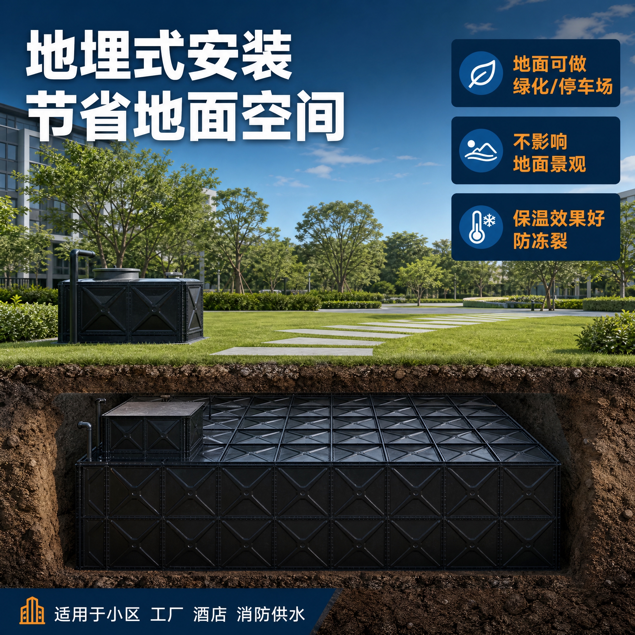 [主图-4] 地埋安装场景与应用优势，展示水箱埋入地下后地面可… - 图片创意预览