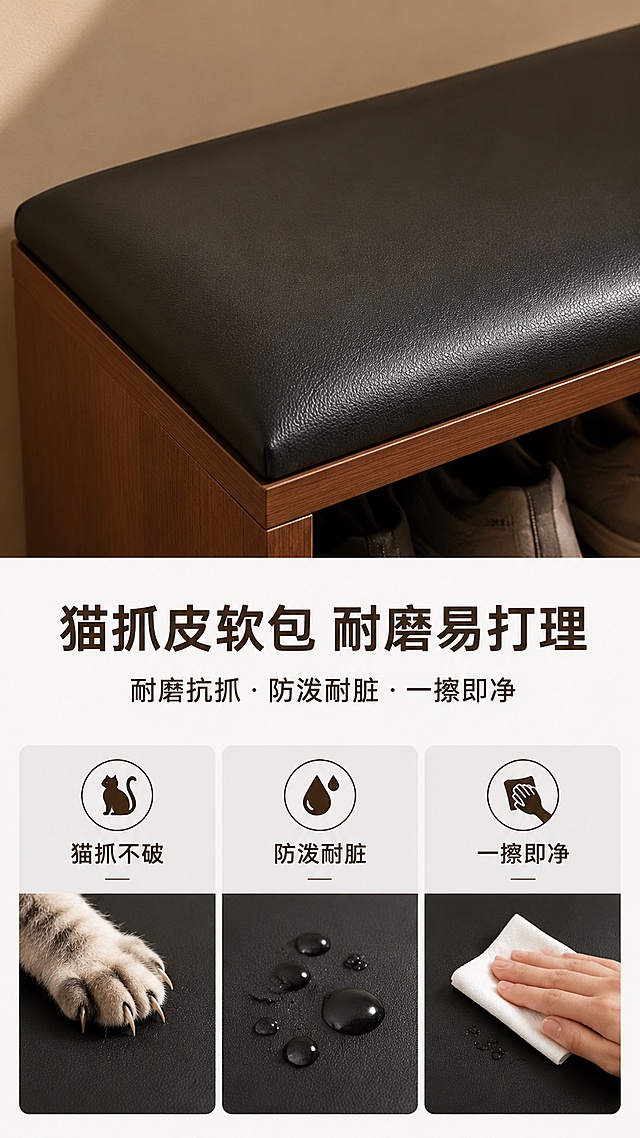 [第4屏] 面料解析页，展示猫抓皮软包优势。本屏使用【图1】软包区域做特写展示。
[氛围/风格] 功能演示风格，耐磨耐脏实验展示，真实可信。
[元素布局] 上半部分大面积展示软包表面特写，保留黑色猫抓皮纹理质感；下半部分三格演示：抗抓、防污、易擦，用简单示意图展示性能；保留产品轮廓和颜色与原图一致。
[光影质感] 柔和侧光突出皮革细腻质感，光影层次清晰。
[配色色系] 全局底色 #F8F8F8；主色黑色软皮+深棕文字；辅助色浅灰分区背景。
[视角构图] 软包特写占据上半屏，下半部分三宫格功能演示，产品清晰居中。
[文字版式] 主标题「猫抓皮软包 耐磨易打理」，三个功能标签「猫抓不破」「防泼耐脏」「一擦即净」；每个标签配简约图标，文字清晰不拥挤。
[比例分辨率] 9:16 竖版比例，分辨率 4K，文字清晰可辨，高清画质。
[负向提示词] 皮革纹理模糊，产品变形，颜色偏差，文字错乱，水印。