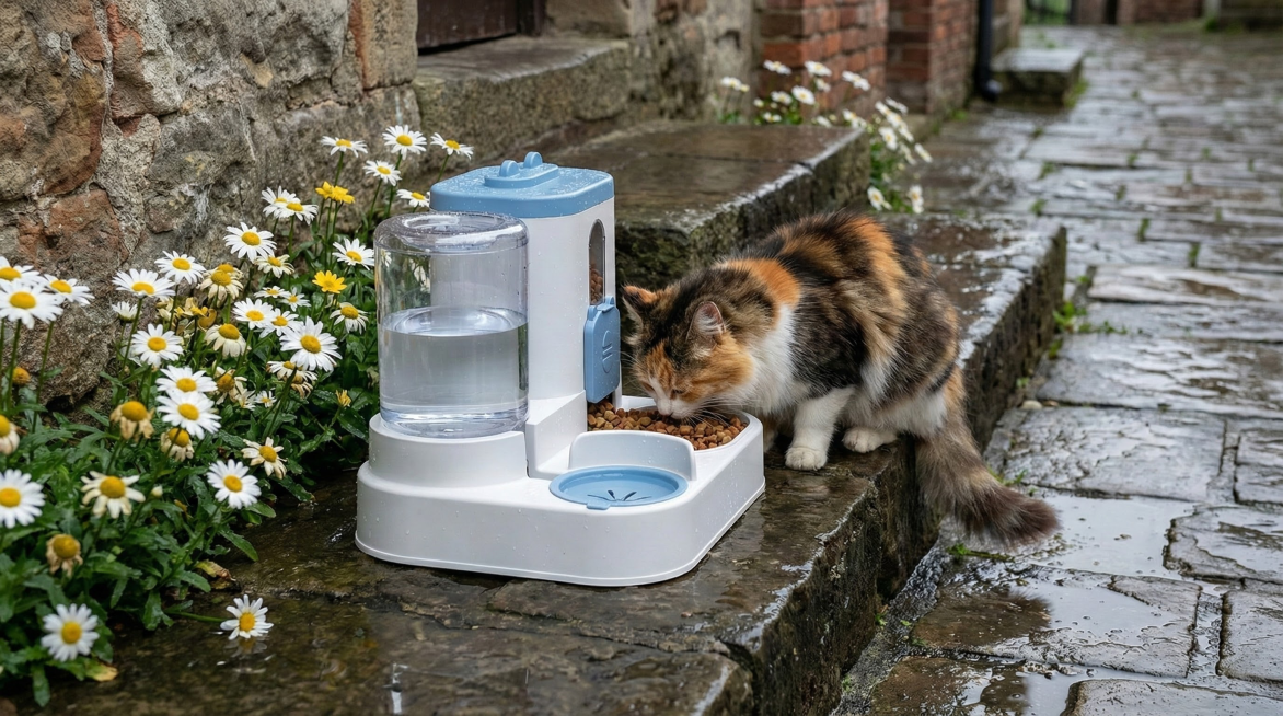 以图中的猫咪喂食喂水器为元素,猫猫在吃饭喝水,物体主体特征不变,设计6张跟猫咪喂食喂水器有关的图,比例 「16:9」预览效果